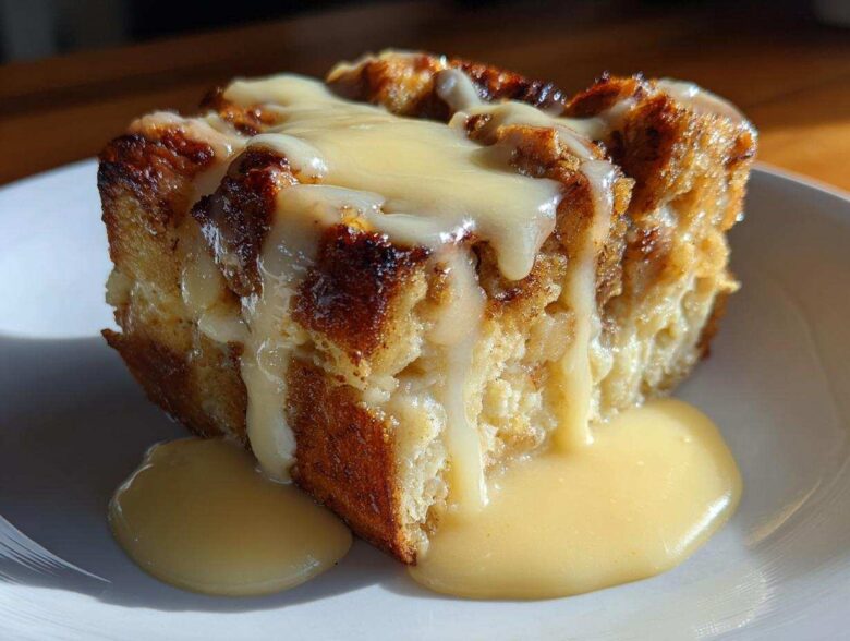 A close-up of a square serving of baked bread pudding recipe, drizzled heavily with creamy vanilla sauce.