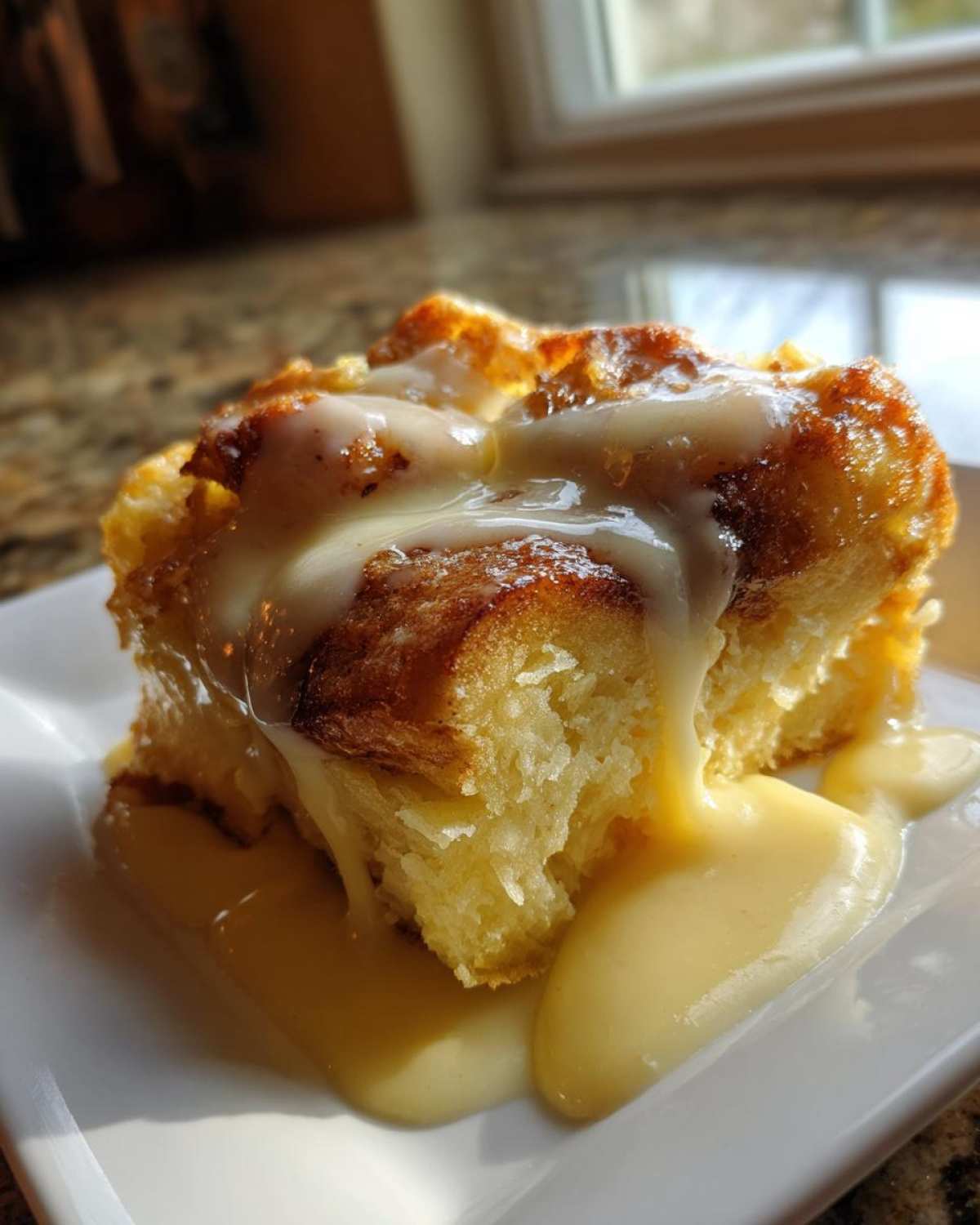 A close-up of a golden brown slice of bread pudding generously drizzled with creamy vanilla sauce.