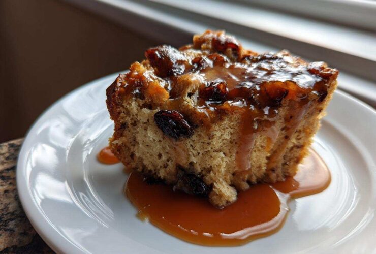 A close-up of a moist slice of bread pudding with bourbon sauce drizzled over raisins.
