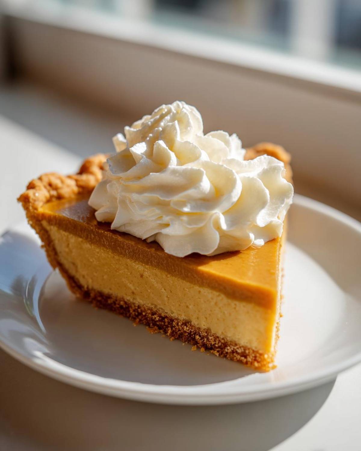 A perfect slice of old-fashioned butterscotch pie with a graham cracker crust and a generous dollop of whipped cream.