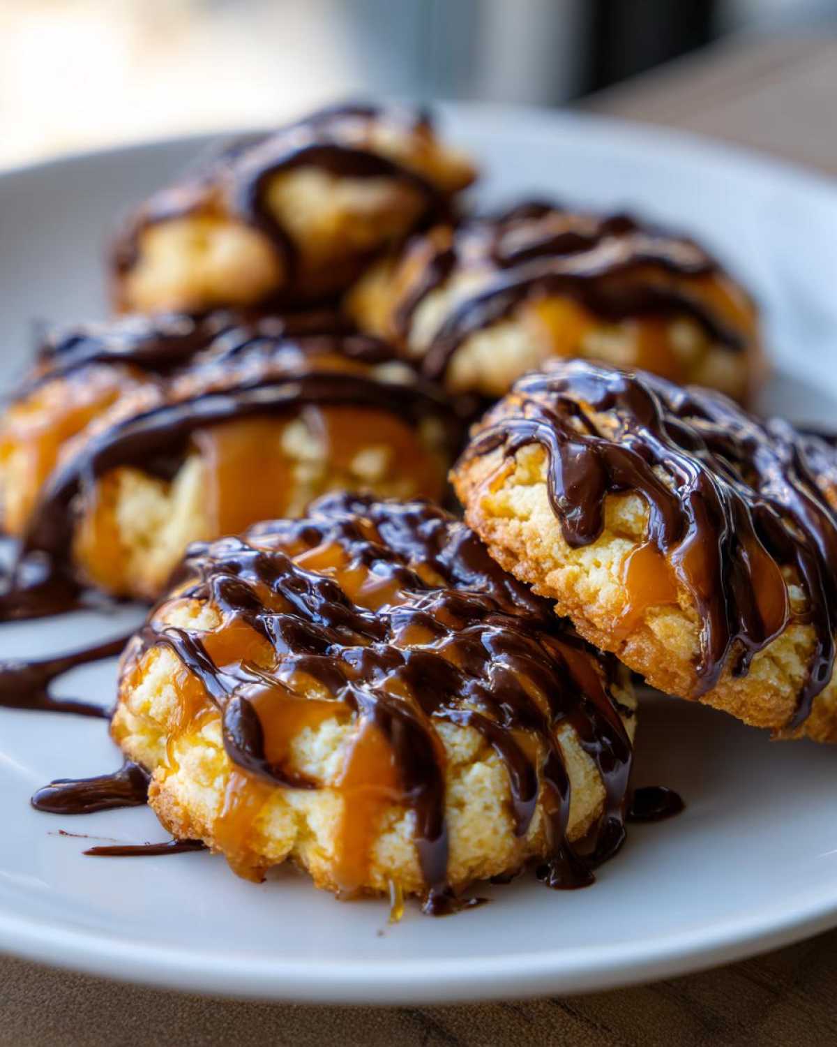 Close-up of several caramel ritz cracker christmas cookies drizzled heavily with melted dark chocolate on a white plate.