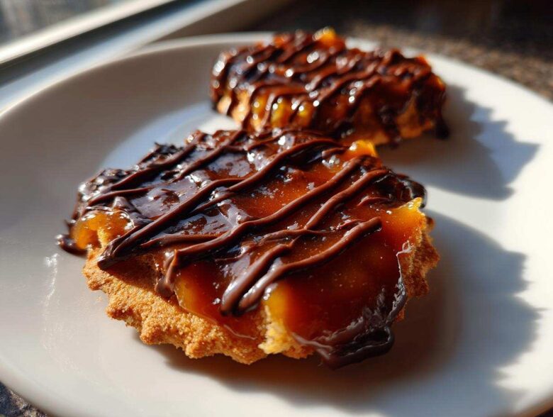 Two caramel ritz cracker christmas cookies topped with glossy caramel and drizzled with dark chocolate.