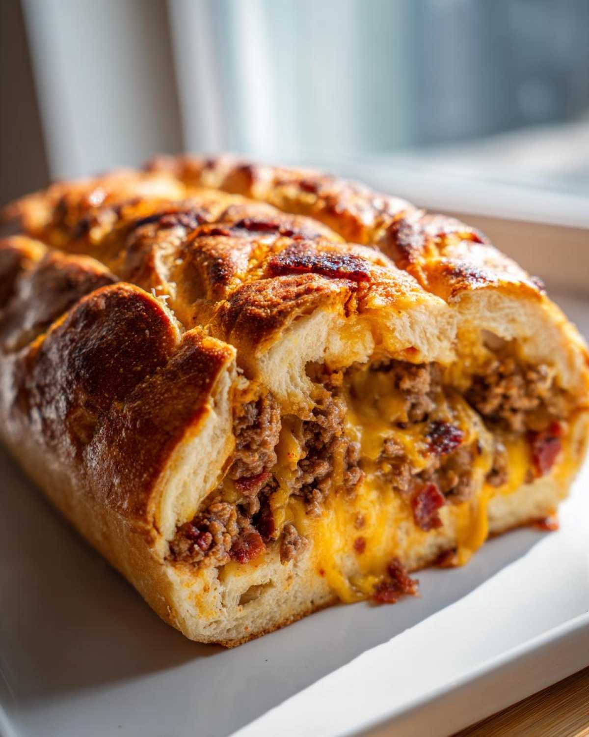 Close-up of baked garbage bread sliced open, revealing a rich, cheesy ground meat filling.
