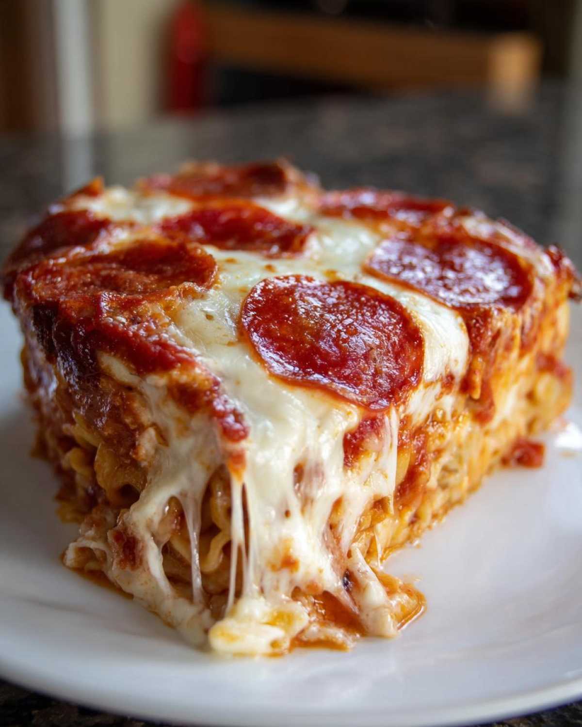 A close-up of a square slice of pizza pasta bake topped with melted mozzarella and pepperoni slices.