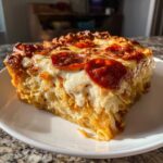 A thick, cheesy slice of pizza pasta bake topped with melted mozzarella and crispy pepperoni.