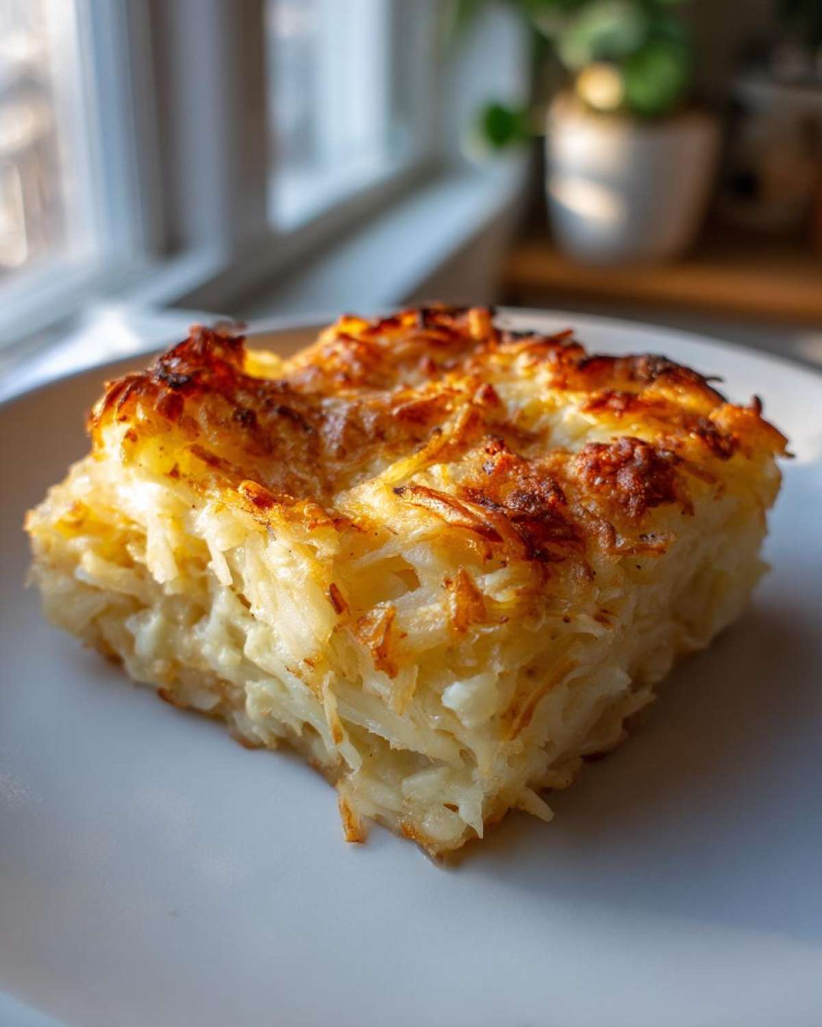 A square serving of cheesy potato casserole made with shredded potatoes and a golden, crispy top.