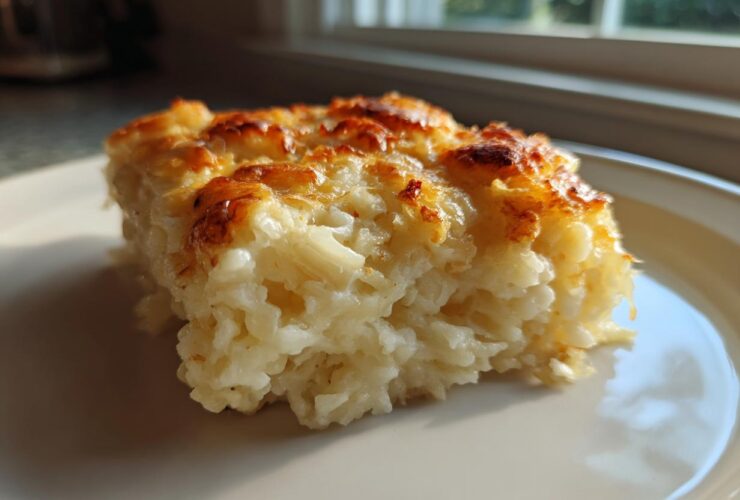 A close-up of a square slice of creamy, cheesy potato casserole with a golden-brown, baked top.