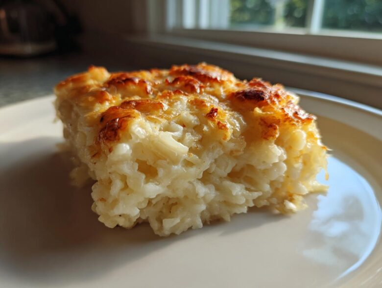 A close-up of a square slice of creamy, cheesy potato casserole with a golden-brown, baked top.