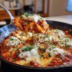 A spoonful of cheesy, saucy skillet lasagna being lifted from the pan, showing long cheese pulls.