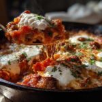 A spoonful of cheesy skillet lasagna is lifted from the pan, showing a dramatic cheese pull and dollops of ricotta.