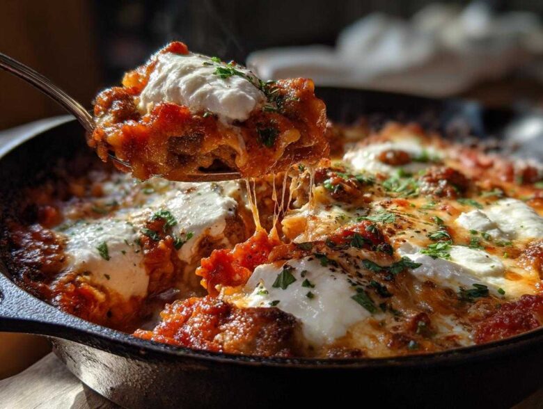 A spoonful of cheesy skillet lasagna is lifted from the pan, showing a dramatic cheese pull and dollops of ricotta.