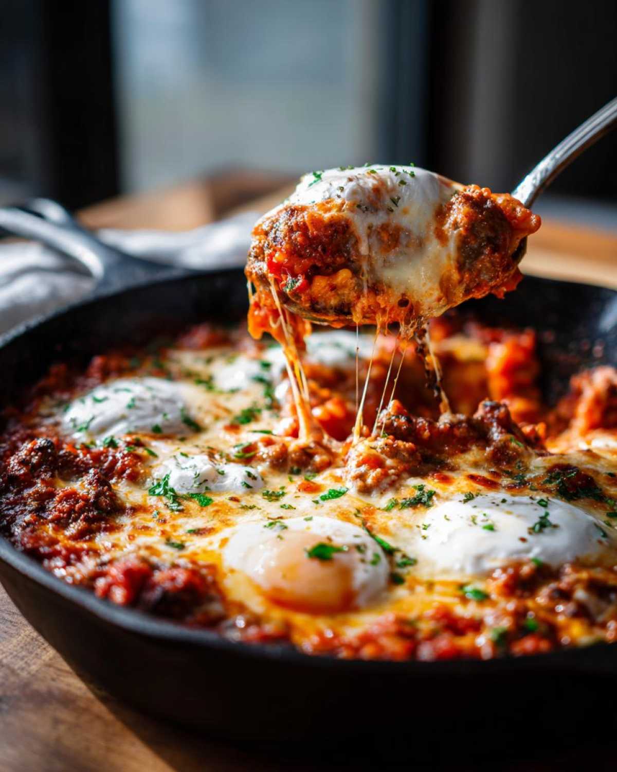 A spoonful of cheesy, saucy skillet lasagna, showing melted cheese strings, being lifted from a cast iron pan containing baked eggs.