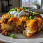 A close-up of a baked potato filled with seasoned ground beef, melted cheddar cheese, sour cream, and green onions, representing Cheesy Taco Potatoes.