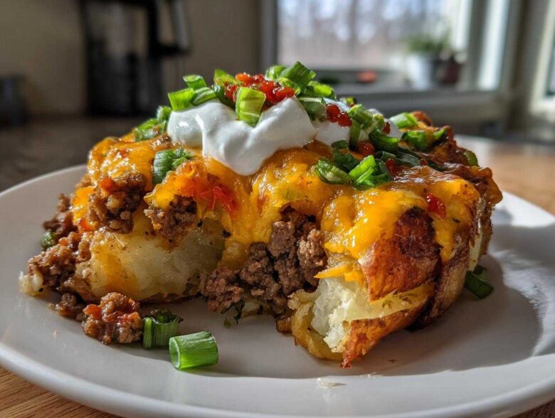 A close-up of a baked potato filled with seasoned ground beef, melted cheddar cheese, sour cream, and green onions, representing Cheesy Taco Potatoes.
