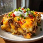 A close-up serving of Cheesy Taco Potatoes topped with melted cheddar, sour cream, and green onions.