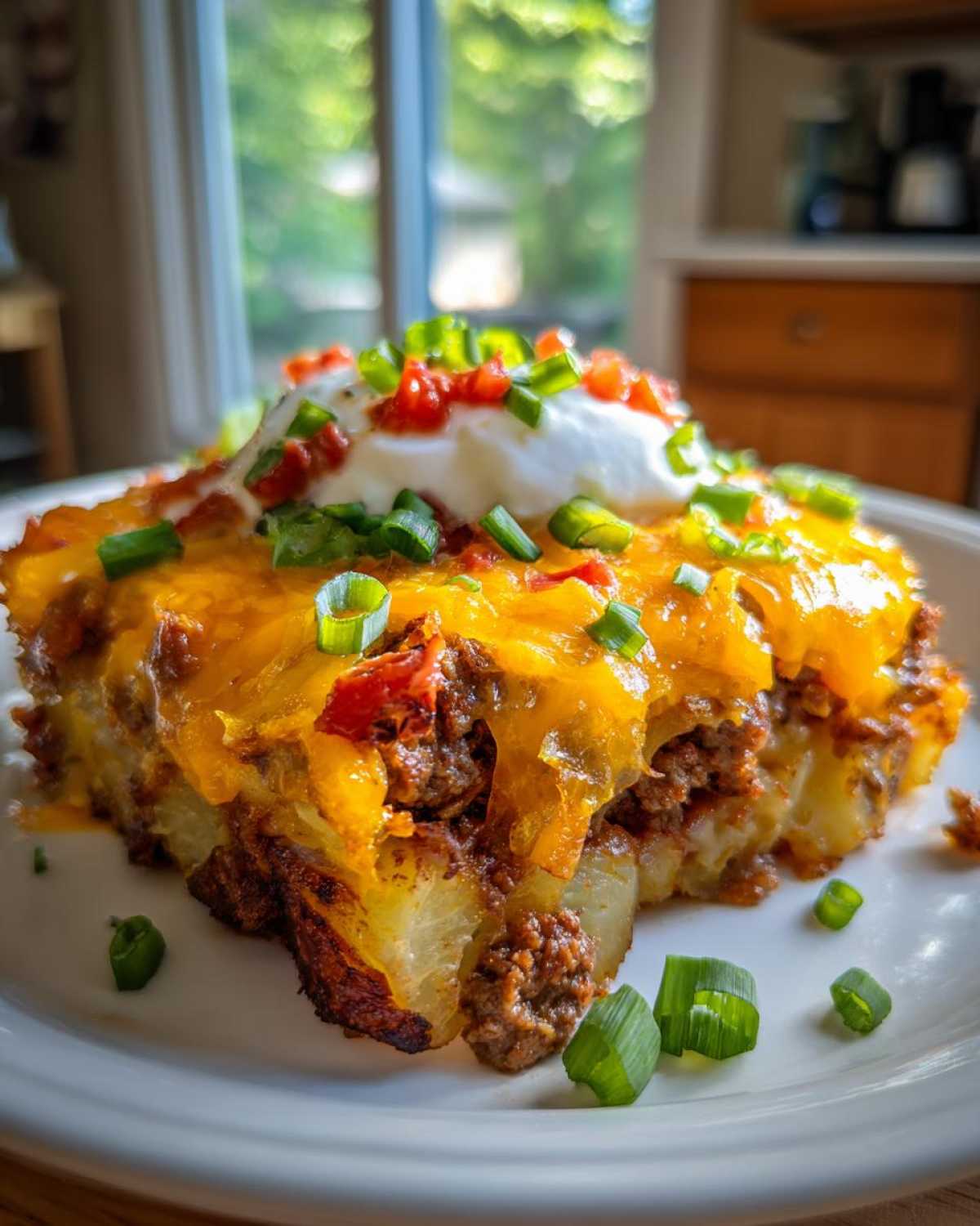A generous serving of Cheesy Taco Potatoes topped with melted cheddar, sour cream, diced tomatoes, and green onions.