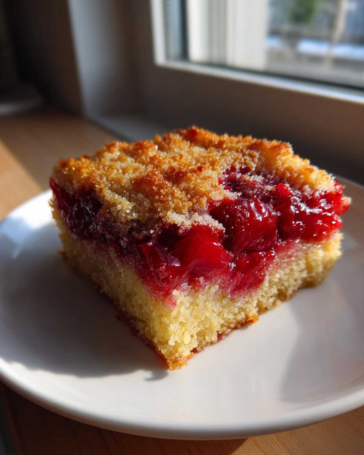 Close-up of a square slice of cherry dump cake with a golden crumble top and bright red cherry filling.
