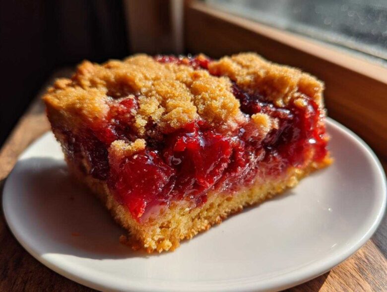 Close-up of a square slice of rich, bright red cherry dump cake with a crumbly topping on a white plate.