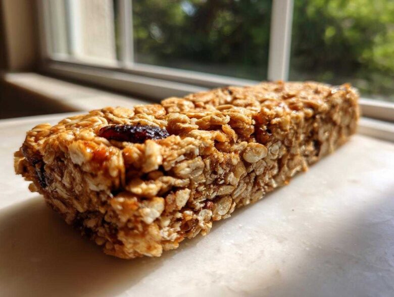 A single, chewy homemade granola bar made with oats and dried fruit, sitting on a white surface near a window.
