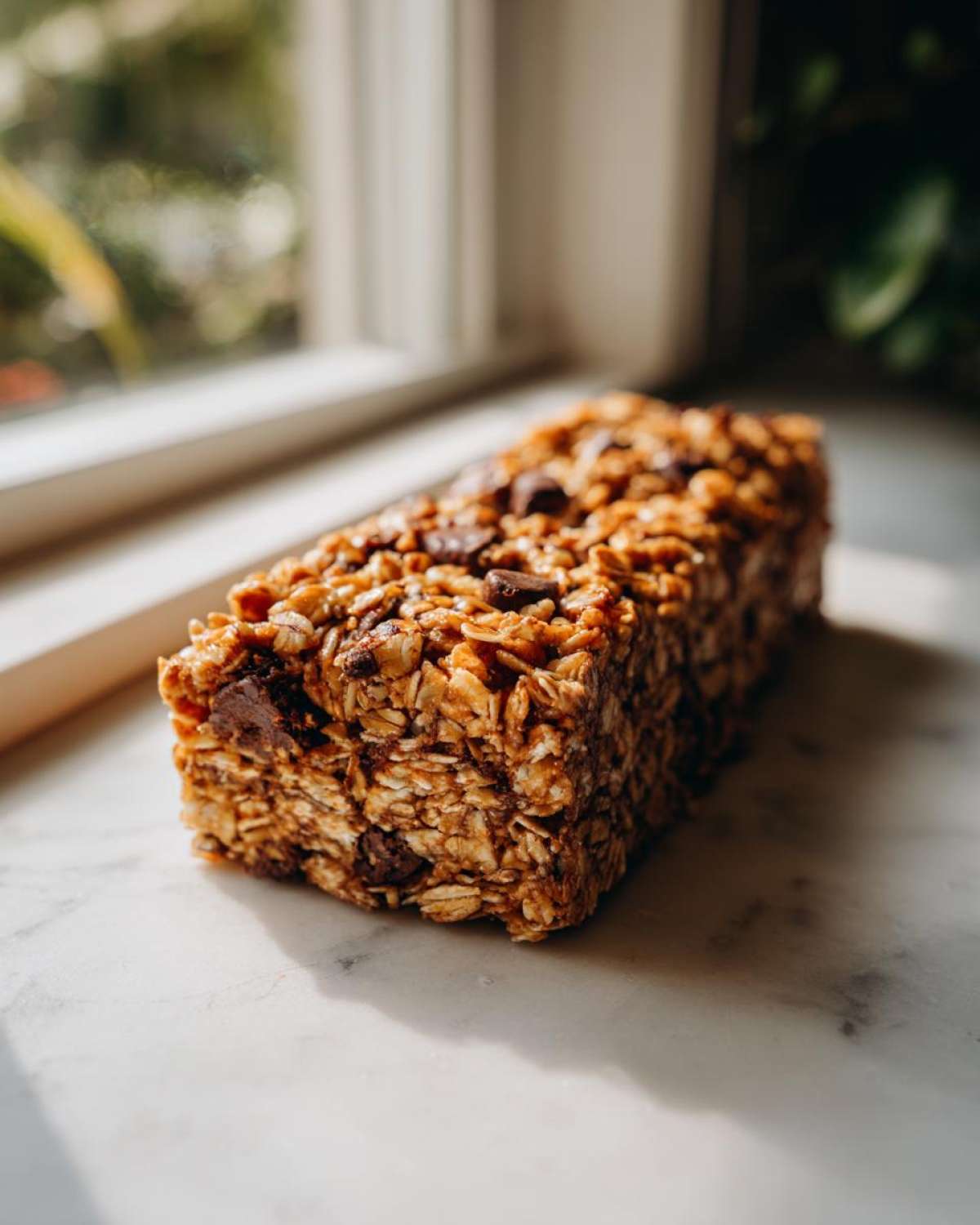 A single, thick, chewy homemade granola bar packed with oats and chocolate chips, sitting on a marble surface.