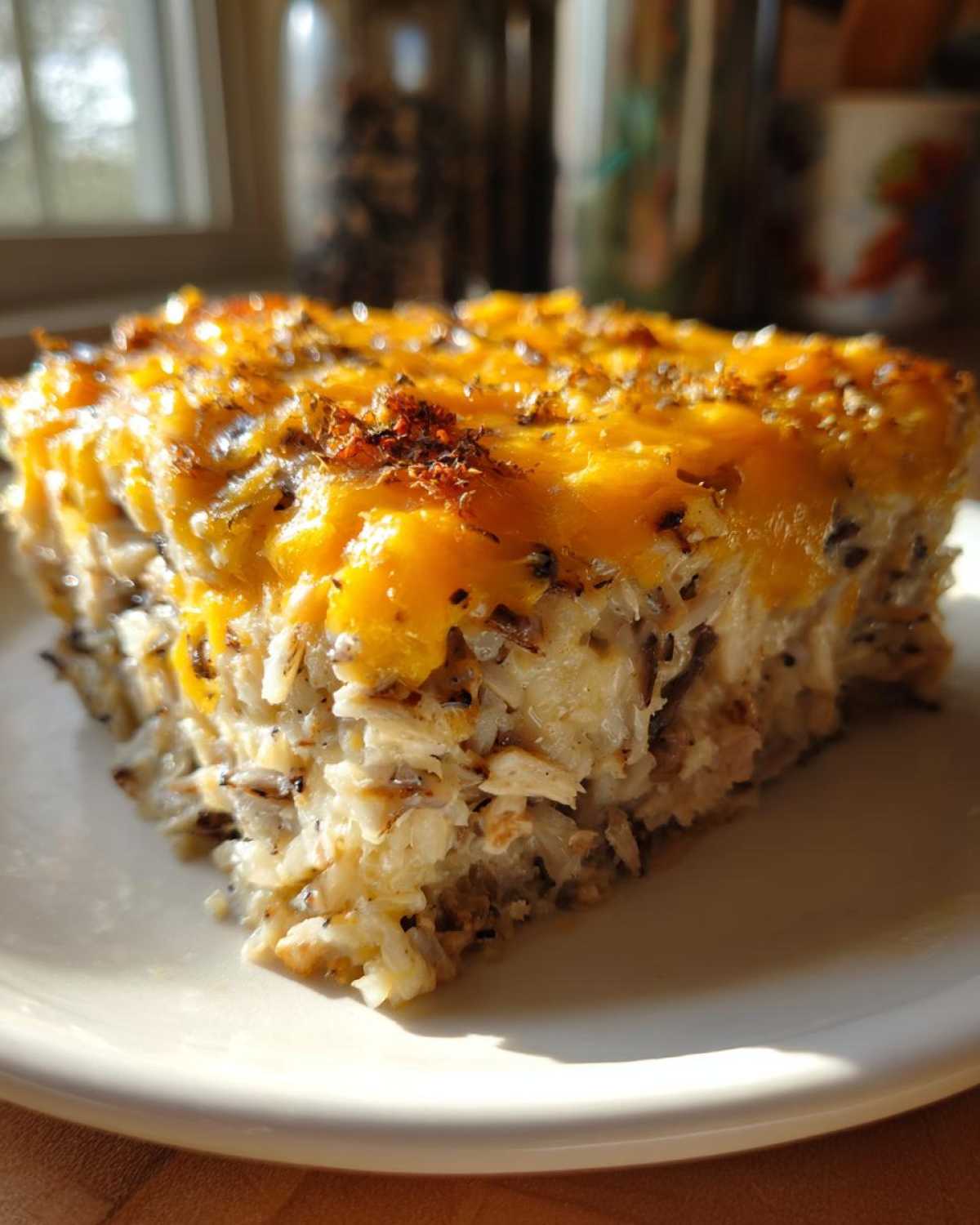 A square slice of creamy chicken and wild rice casserole topped with melted cheddar cheese.