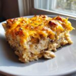 A close-up serving of creamy chicken and wild rice casserole topped with melted cheddar cheese and herbs.