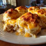A close-up of portions of chicken bubble biscuit bake casserole topped with melted, browned cheddar cheese.