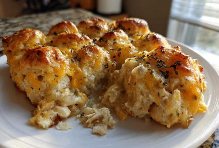 A serving of chicken bubble biscuit bake casserole with golden biscuits and melted cheddar cheese.