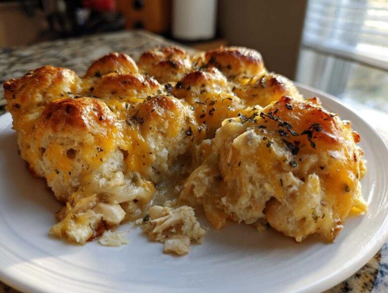 A serving of chicken bubble biscuit bake casserole with golden biscuits and melted cheddar cheese.