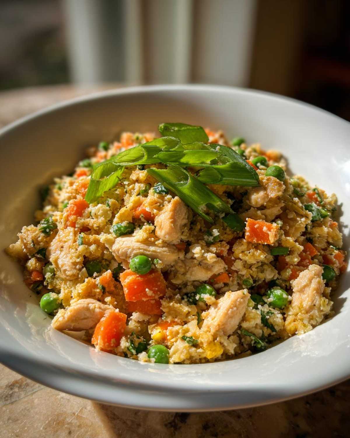 A close-up of a bowl filled with chicken cauliflower fried rice, mixed with carrots and peas, topped with sliced green onions.