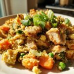 A close-up, sunlit serving of chicken cauliflower fried rice mixed with carrots and peas, topped with fresh scallions.