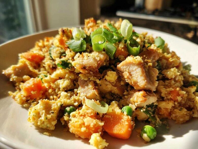 A close-up, sunlit serving of chicken cauliflower fried rice mixed with carrots and peas, topped with fresh scallions.