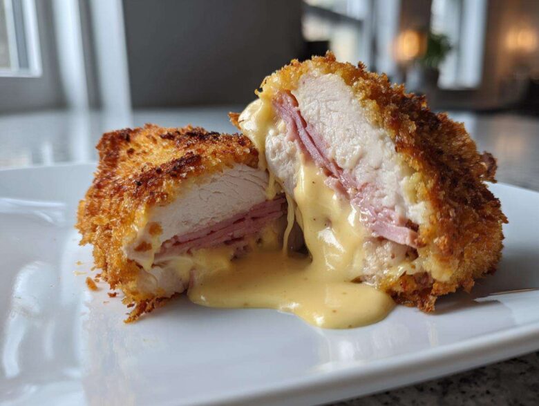 Cross-section of a crispy chicken cordon bleu showing melted cheese and ham oozing out.
