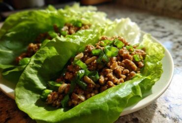 Close-up of savory chicken lettuce wraps filled with seasoned ground chicken, topped with fresh green onions and nuts.