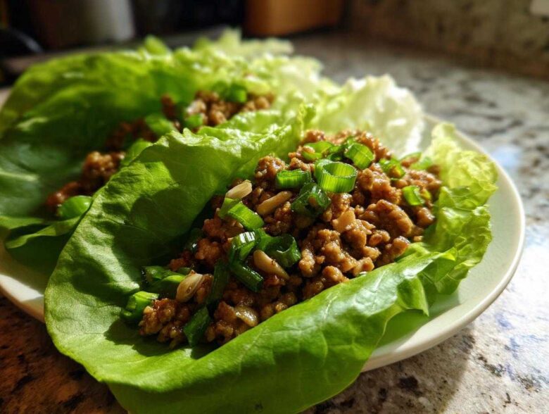 Close-up of savory chicken lettuce wraps filled with seasoned ground chicken, topped with fresh green onions and nuts.