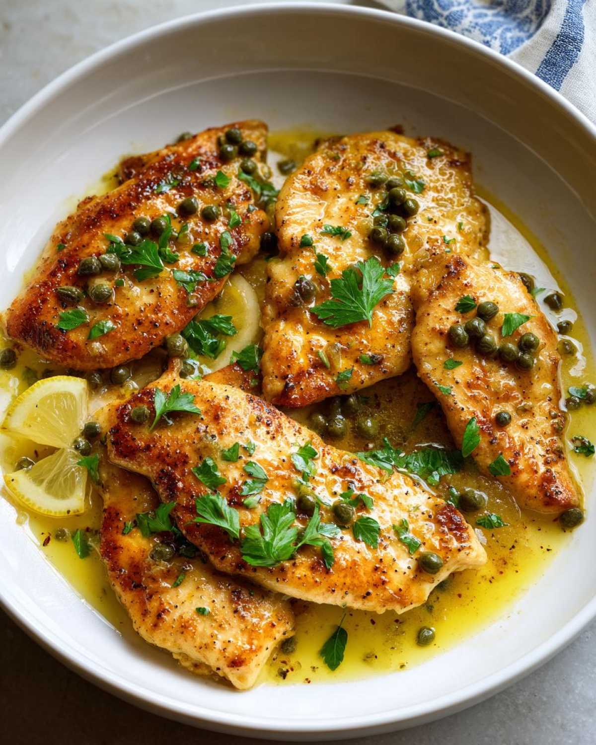 Close-up of pan-seared chicken piccata fillets swimming in a bright lemon-butter sauce, garnished with capers and fresh parsley.