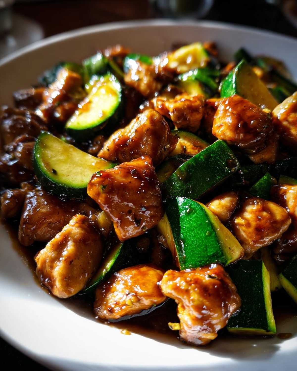 Close-up of glossy, saucy chicken pieces mixed with bright green zucchini slices in a chicken zucchini stir fry.