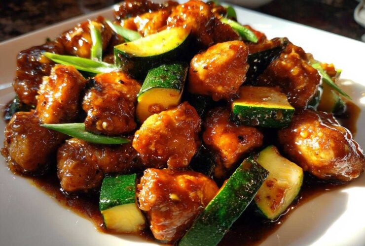 Close-up of glossy, saucy chicken zucchini stir fry pieces served on a white plate.