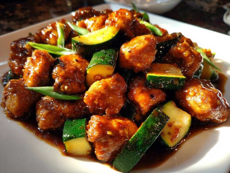 Close-up of glossy, saucy chicken zucchini stir fry pieces served on a white plate.