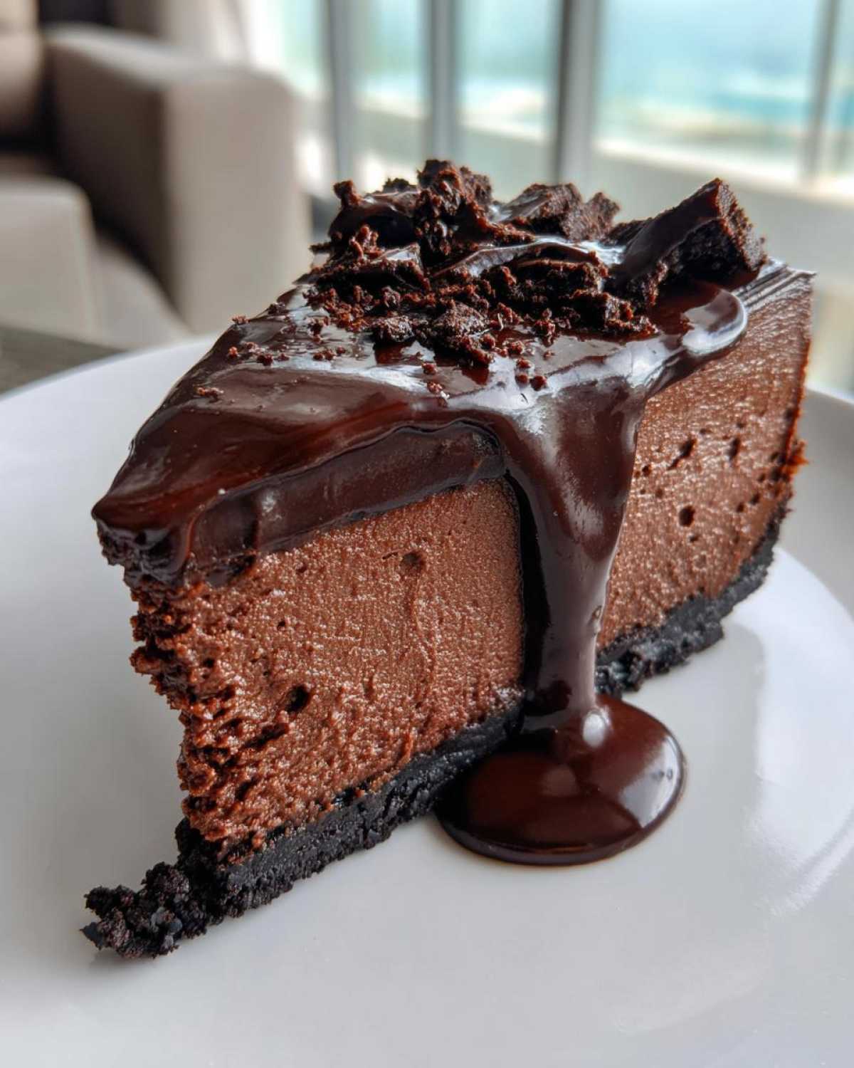A rich slice of chocolate cheesecake with a dark crust, topped with thick chocolate ganache and crumbles.