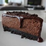 A decadent slice of chocolate cheesecake with a dark cookie crust, topped with chocolate ganache and crumbs.