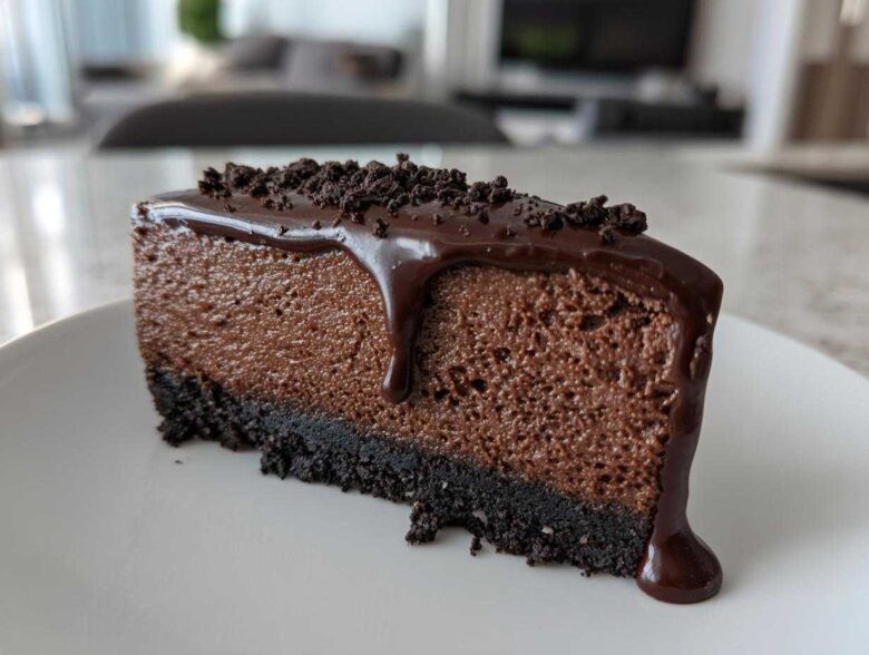 A decadent slice of chocolate cheesecake with a dark cookie crust, topped with chocolate ganache and crumbs.