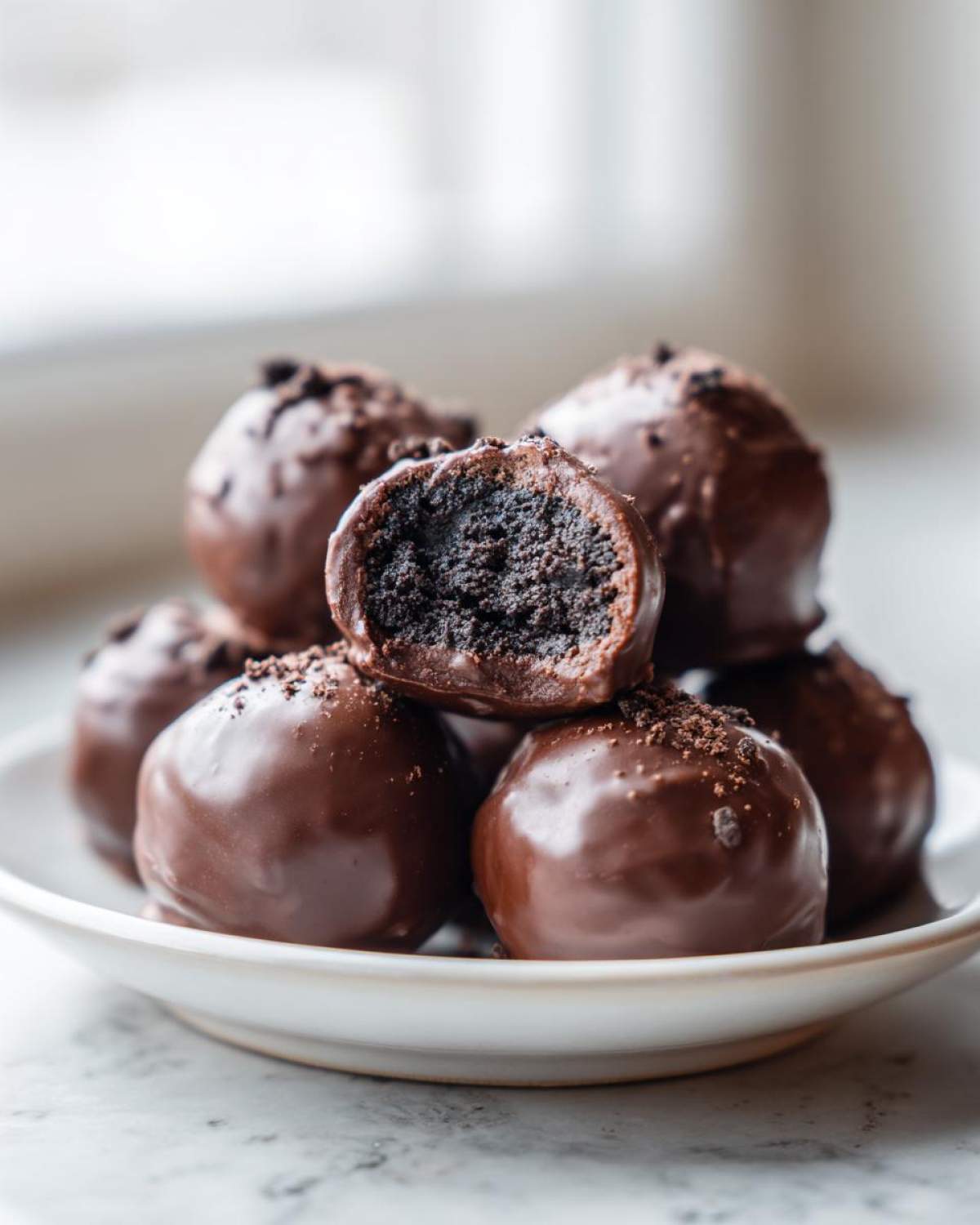 A stack of rich, chocolate-covered Oreo balls, one cut in half showing the dark, crumbly center.