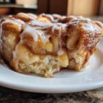 A close-up of a single serving of cinnamon roll apple pie, dripping with white icing and showing soft baked dough.