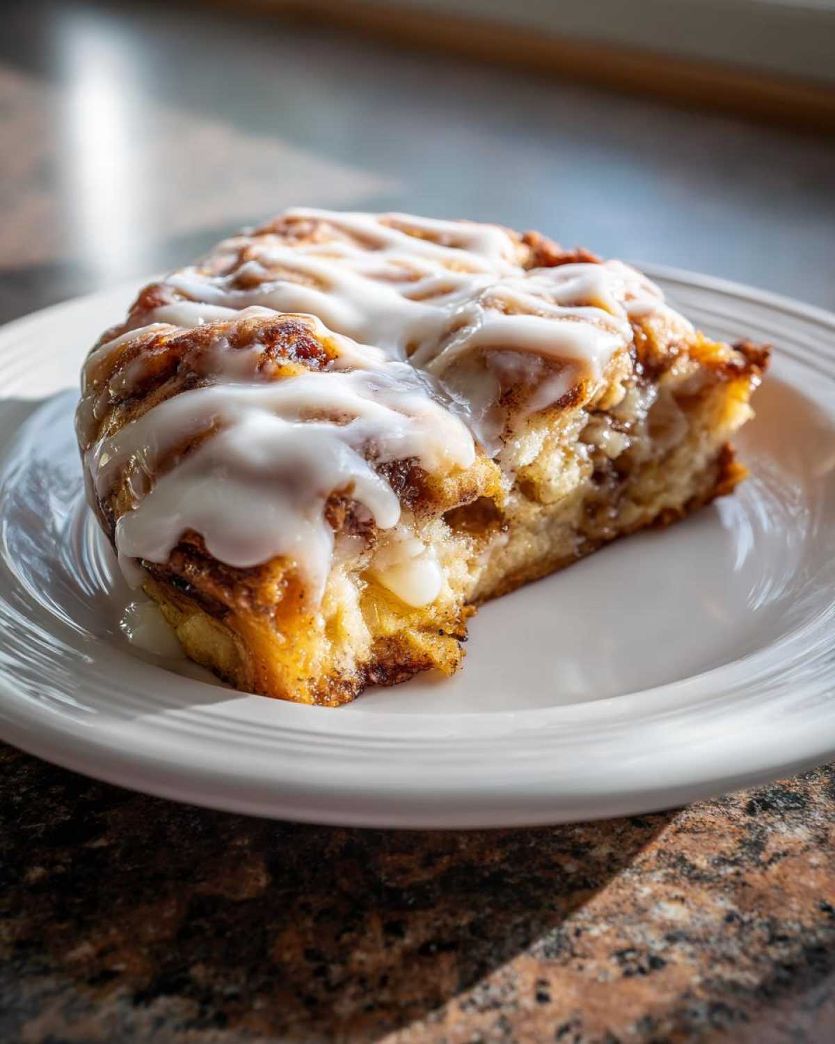 A close-up of a single serving of cinnamon roll apple pie topped with thick white icing.
