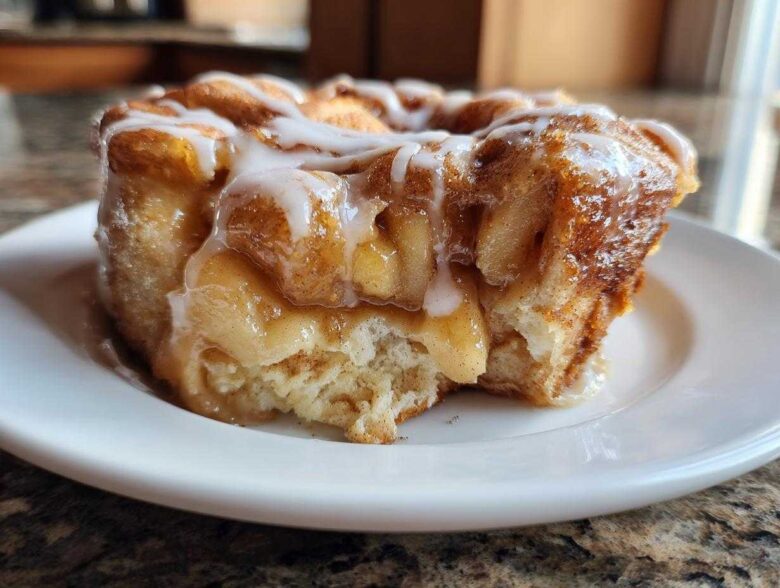 A close-up of a single serving of cinnamon roll apple pie, dripping with white icing and showing soft baked dough.