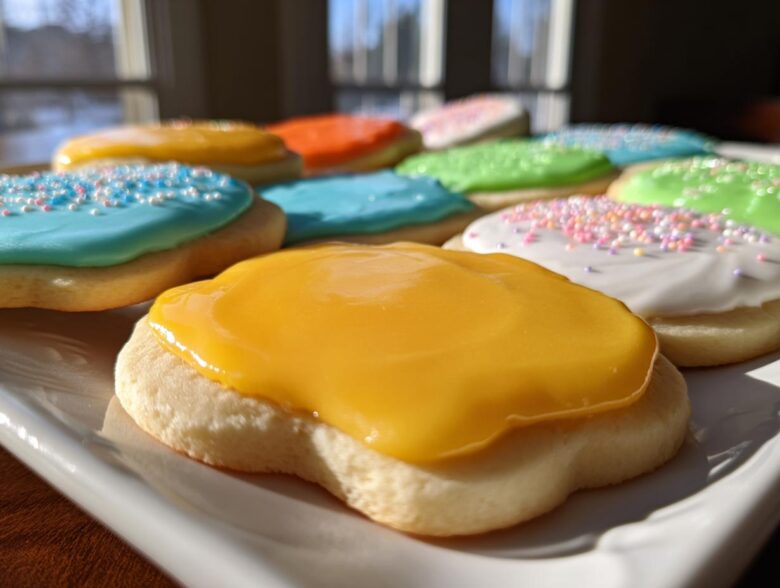 Close-up of sugar cookies decorated with bright, glossy sugar cookie icing in yellow, blue, green, and white with sprinkles.