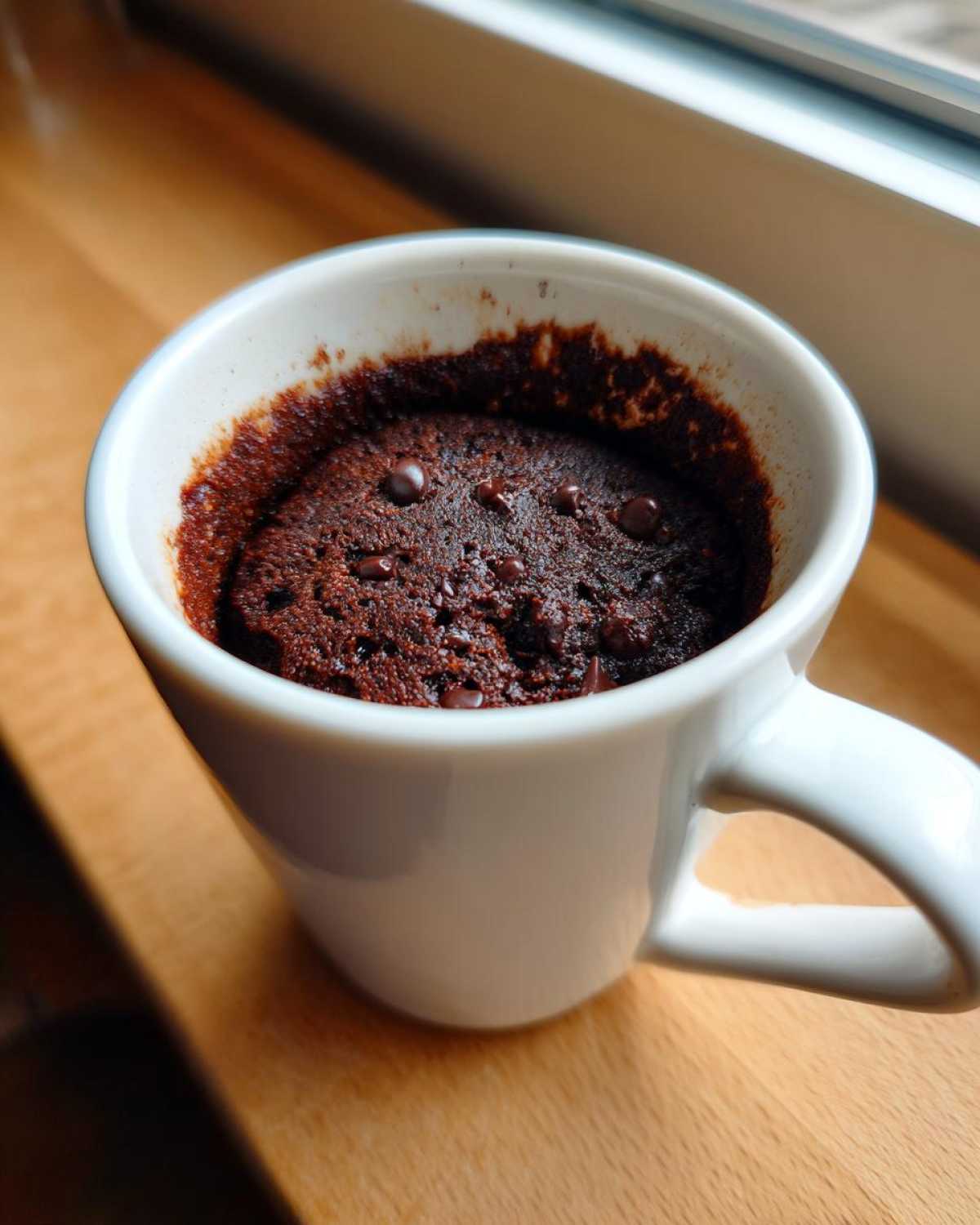Close-up of a rich, dark chocolate Cottage Cheese Microwave Brownie topped with chocolate chips, served in a white mug.