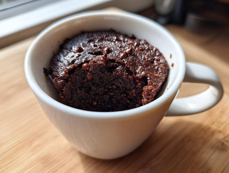 A rich, dark chocolate Cottage Cheese Microwave Brownie baked inside a white mug, topped with chocolate chips.