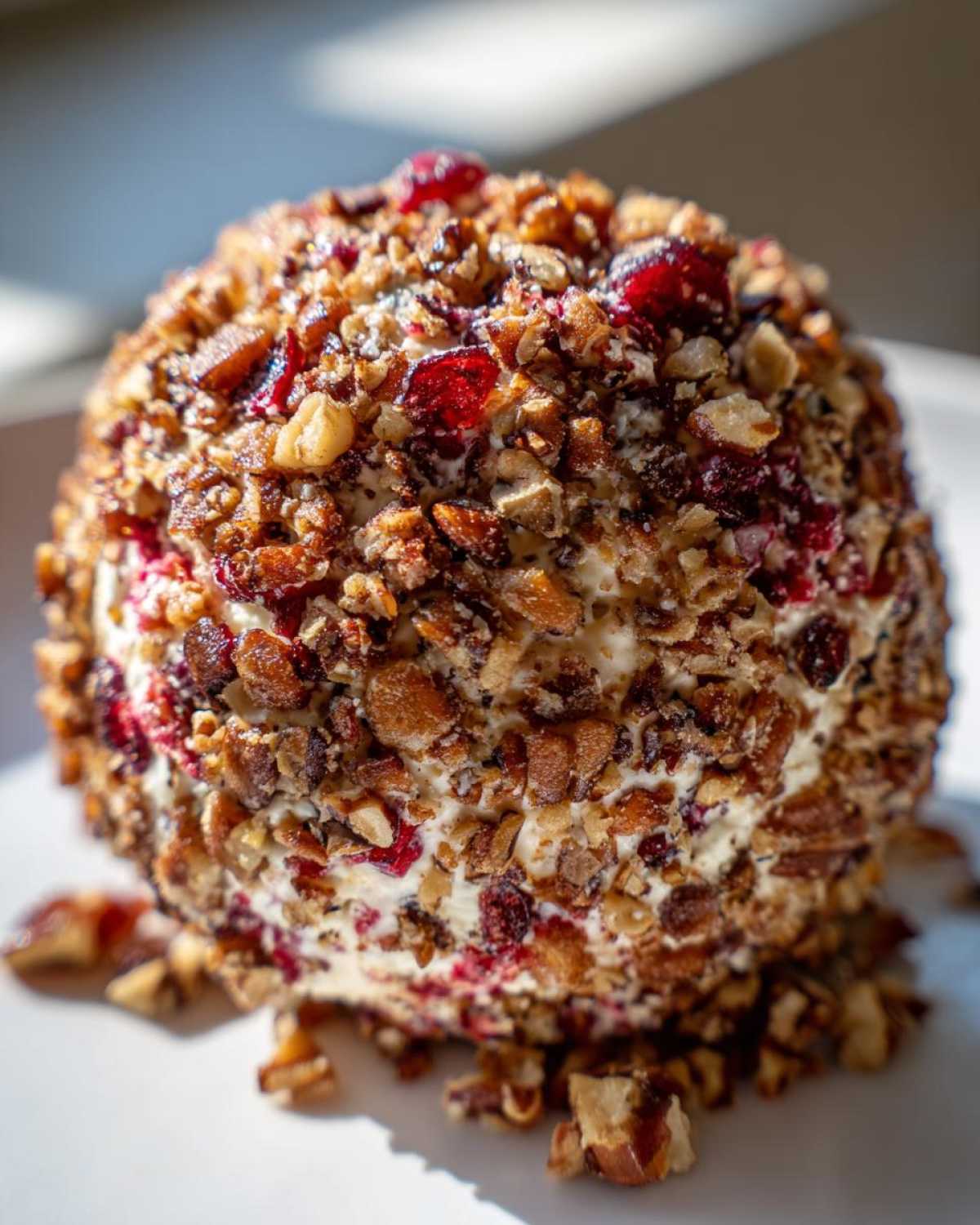 A close-up, sunlit shot of a perfectly formed cranberry pecan cheese ball coated in chopped nuts and dried cranberries.